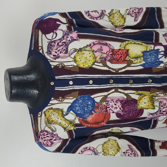 Talbots teapot print multicolor cardigan sweater buttons women size Lp - Picture 2 of 7